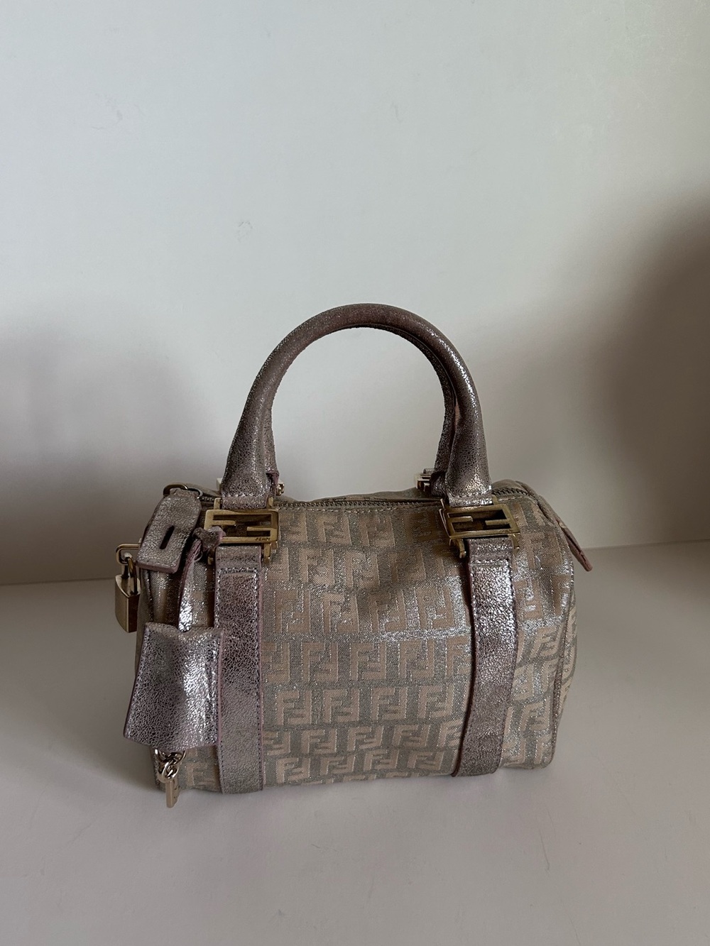 Fendi Metallic Taupe FF Logo Satchel with Gold Hardware
